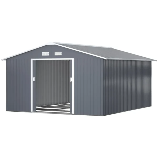 Outsunny 13ft x 11ft Metal Garden Shed with Foundation Grid -Grey - Image 11
