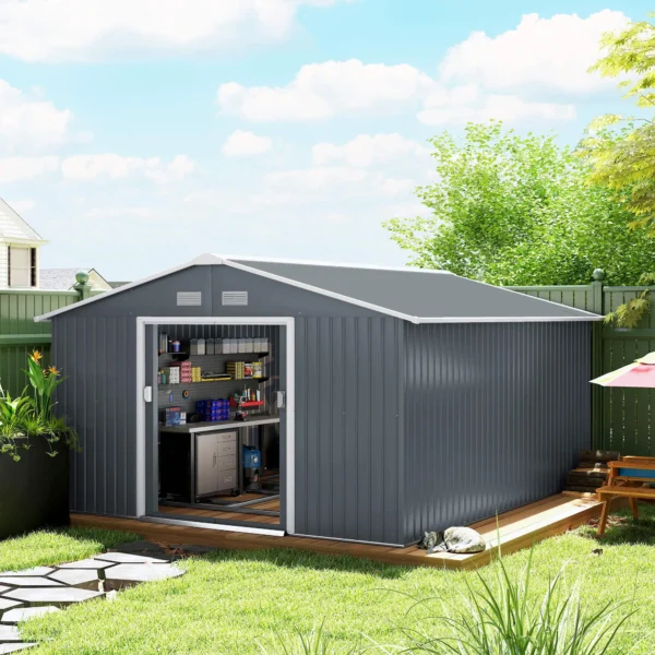 Outsunny 13ft x 11ft Metal Garden Shed with Foundation Grid -Grey - Image 9