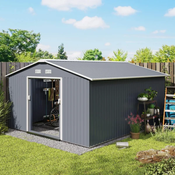 Outsunny 13ft x 11ft Metal Garden Shed with Foundation Grid -Grey - Image 10
