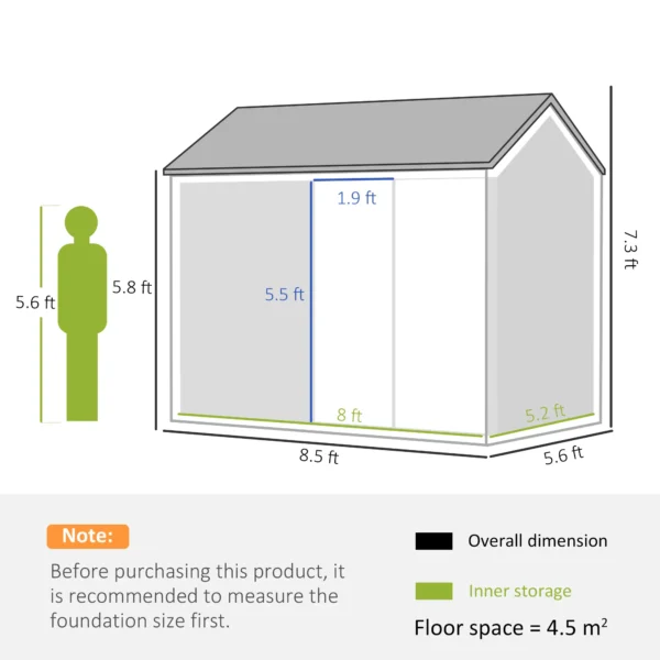 Outsunny 8ft x 6ft Metal Garden Shed with Window (New Version) -Grey - Image 2