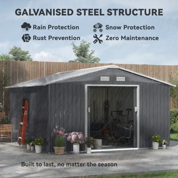 Outsunny 13ft x 11ft Metal Garden Shed with Foundation Grid -Grey - Image 12