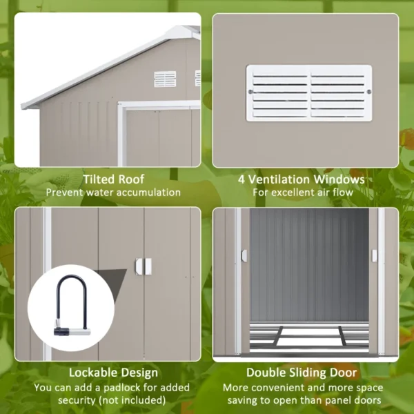 Outsunny 13'x11' Metal Storage Shed with Foundation Grid - Light Grey - Image 7