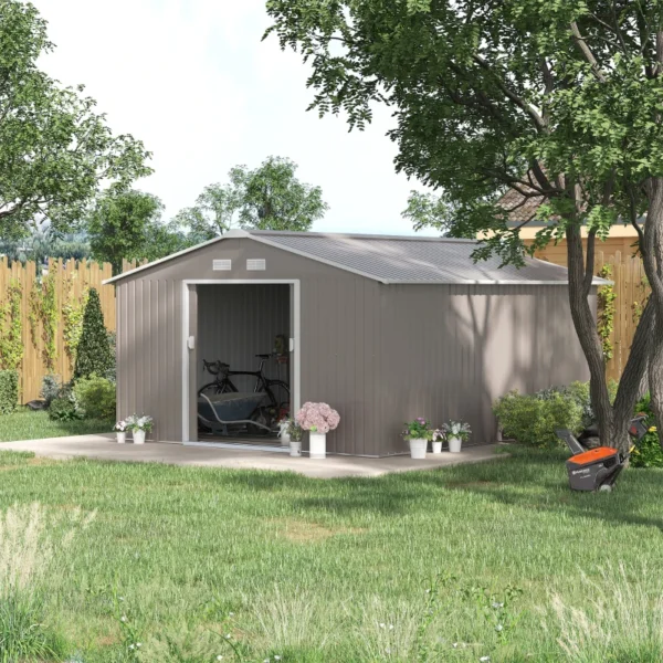 Outsunny 13'x11' Metal Storage Shed with Foundation Grid - Light Grey - Image 12