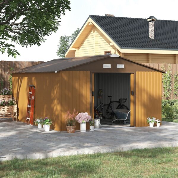 Outsunny 13ft x 11ft Metal Garden Shed with Foundation Grid -Brown