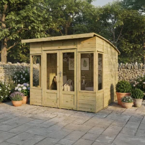 Mercia 8'x 8' Premium Helios Green Dipped Treatment Traditional Summerhouse - Curved Roof