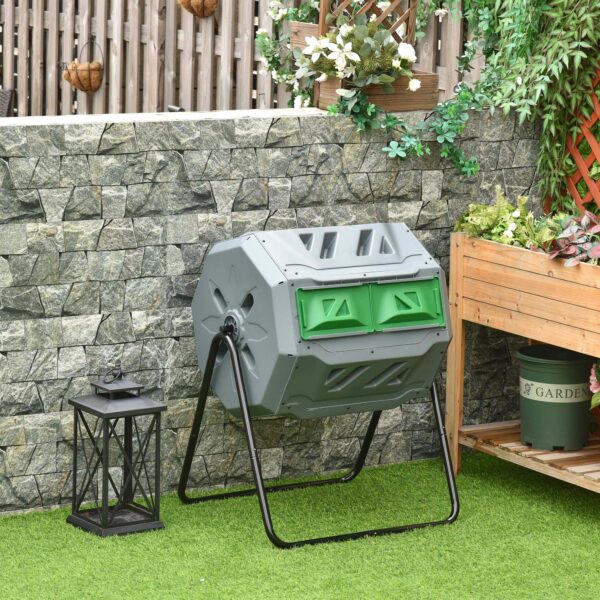 Outsunny 160L Tumbling Dual Plastic Compost Bin - Grey - Image 2