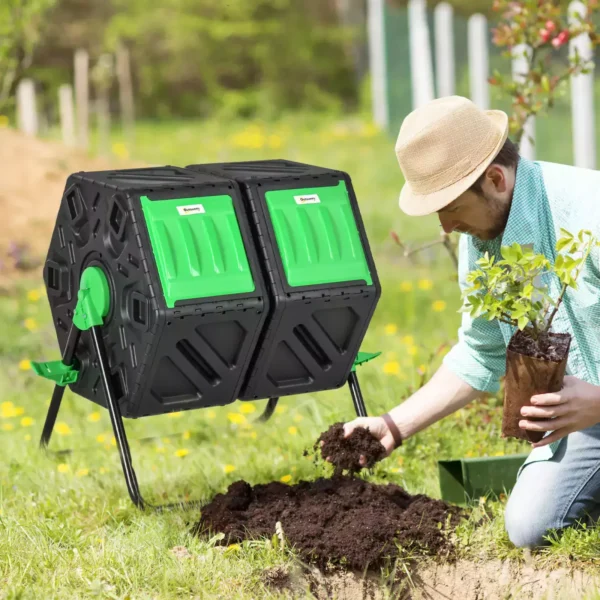 Outsunny Dual Chamber 130L Garden Compost Bin -  Black - Image 2