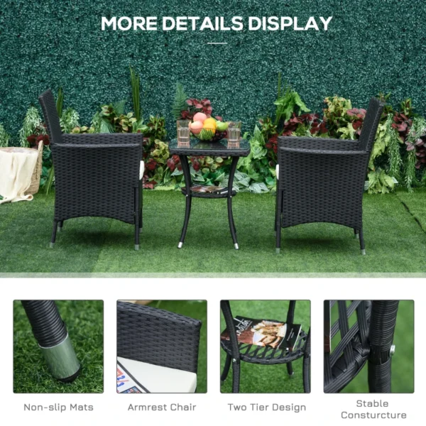 Outsunny Garden Outdoor Rattan Furniture Bistro Set Black - Image 3