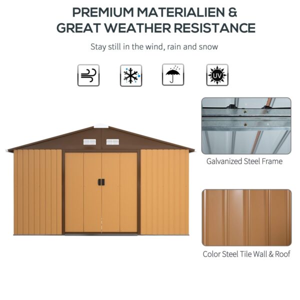 Outsunny 13ft x 11ft Metal Garden Shed with Foundation Grid -Brown - Image 3