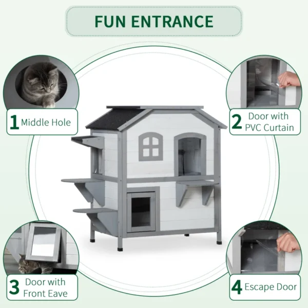 Outsunny PawHut 2 Floor Timber Cat House - White - Image 2