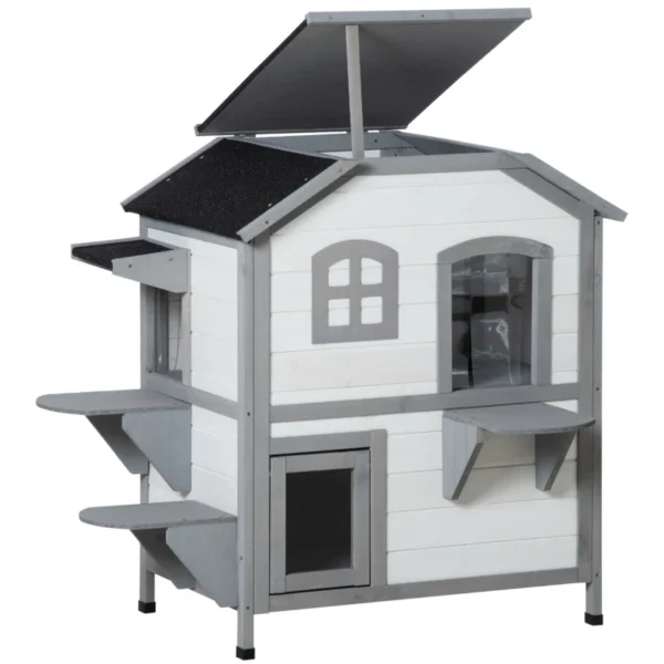 Outsunny PawHut 2 Floor Timber Cat House - White