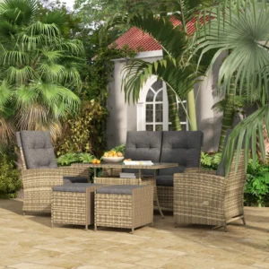 Outsunny 6 Piece Rattan Garden Set with Reclining Chairs - Grey