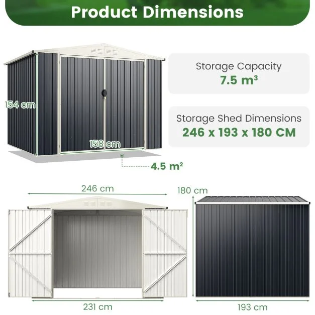 Pro-Tect 8'x6' Double Hinged Metal Apex Shed with Screw Kit -  Grey - Image 12