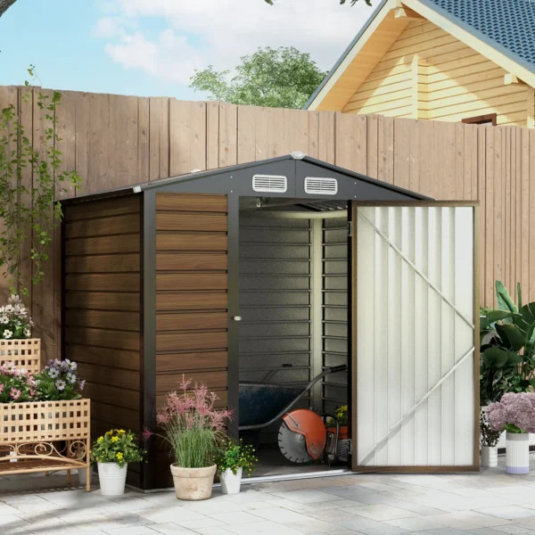 Outsunny 6ft x 4ft Metal Apex Garden Shed - Oak Brown - Image 2