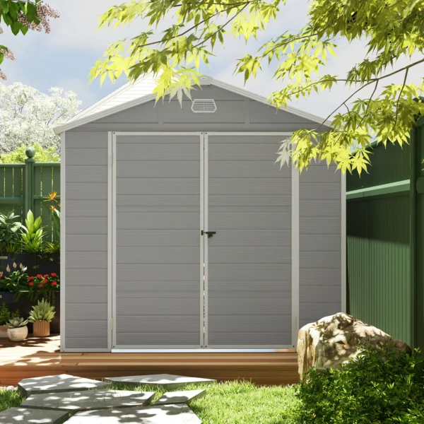 Outsunny 8x6 Plastic Apex Garden Storage Shed with Foundation Grid - Light Grey - Image 3