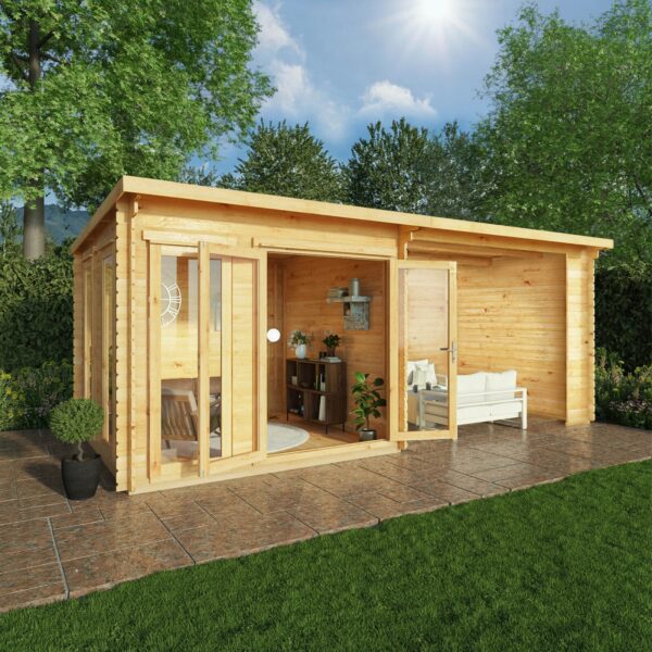 Mercia 20'x11' Studio Pent Log Cabin with Patio Area - 44mm