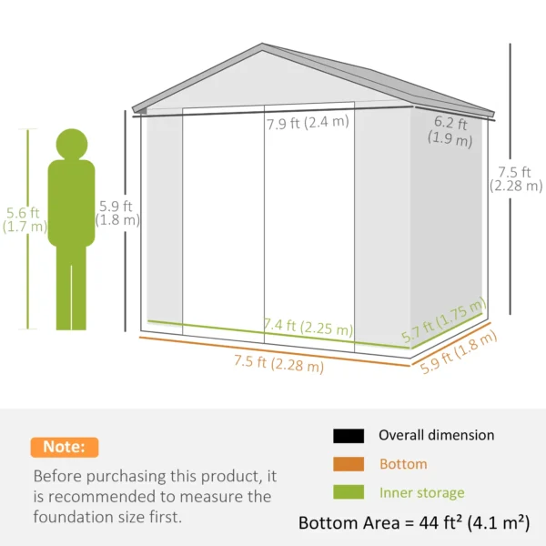 Outsunny 8x6 Plastic Apex Garden Storage Shed with Foundation Grid - Light Grey - Image 4