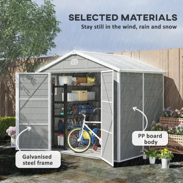 Outsunny 8x6 Plastic Apex Garden Storage Shed with Foundation Grid - Light Grey - Image 7