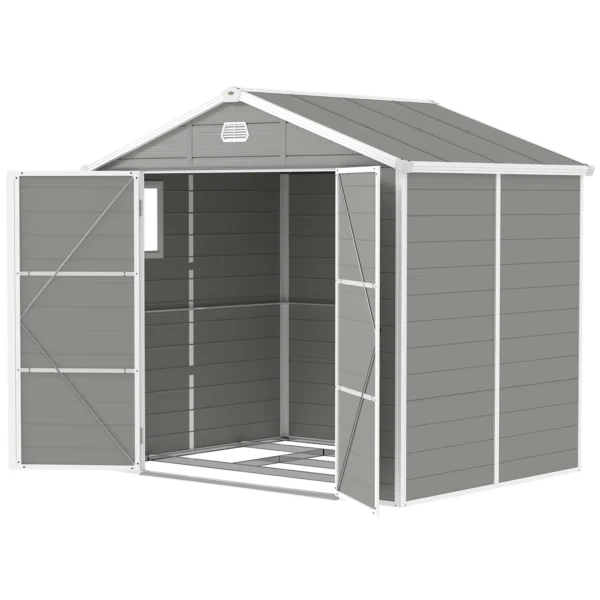 Outsunny 8x6 Plastic Apex Garden Storage Shed with Foundation Grid - Light Grey - Image 10