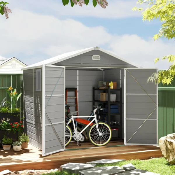 Outsunny 8x6 Plastic Apex Garden Storage Shed with Foundation Grid - Light Grey - Image 12