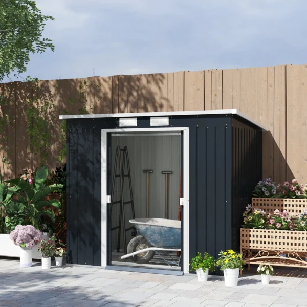 Outsunny 7ft x 4ft Metal Garden Pent Shed with Foundation Grid - Dark Grey - Image 2