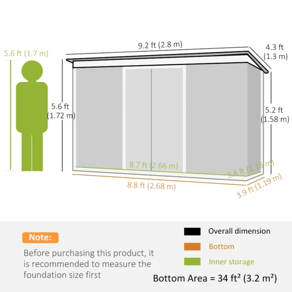 Outsunny 9ft x 4ft Metal Pent Garden Shed  - Light Wood Grain Grey with Foundation Grid - Image 3