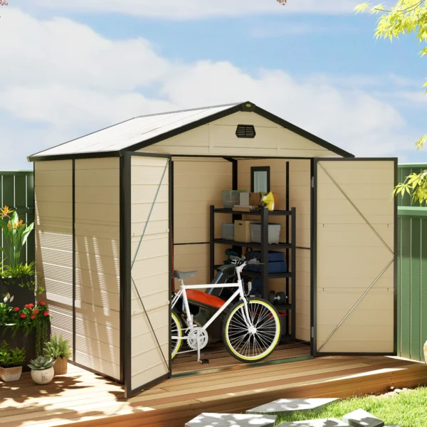 Outsunny 8x6 Plastic Apex Garden Storage Shed with Foundation Grid - Cream White - Image 3