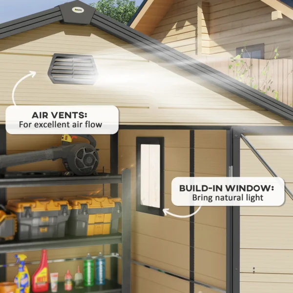 Outsunny 8x6 Plastic Apex Garden Storage Shed with Foundation Grid - Cream White - Image 5