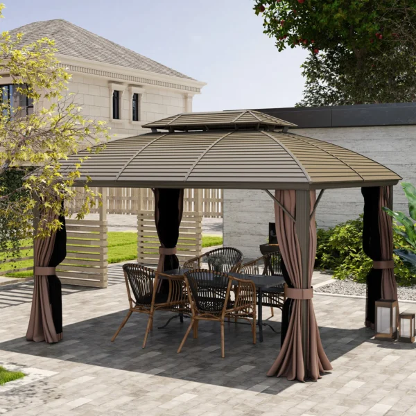 Outsunny 10x12 Hardtop Gazebo Double Roof Canopy - Coffee