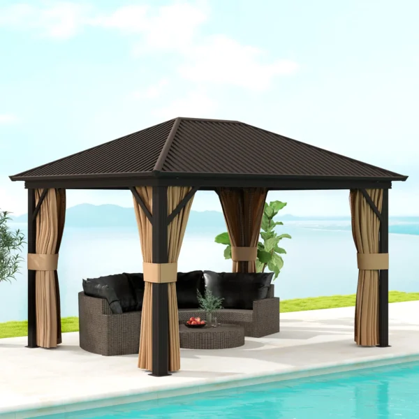 Outsunny 10x12 Hardtop Metal Gazebo with Curtains  Brown - Image 3