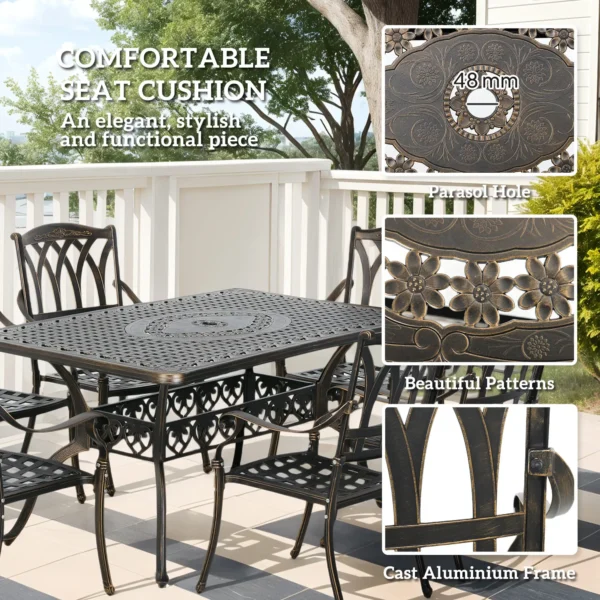 Outsunny 7 Piece  Cast Aluminium Garden Dining Set - Bronze Tone - Image 8