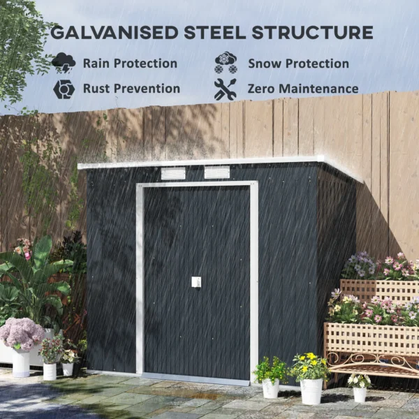 Outsunny 7ft x 4ft Metal Garden Pent Shed with Foundation Grid - Dark Grey - Image 6