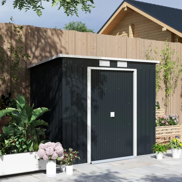 Outsunny 7ft x 4ft Metal Garden Pent Shed with Foundation Grid - Dark Grey - Image 9