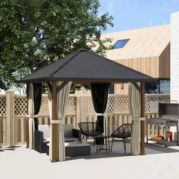 Outsunny 10x10 Hardtop Gazebo with Galvanised Steel Roof and Water Gutter -Walnut Wood Finish - Image 9