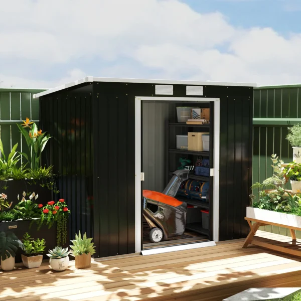 Outsunny 7ft x 4ft Metal Garden Pent Shed with Foundation Grid - Dark Grey - Image 12