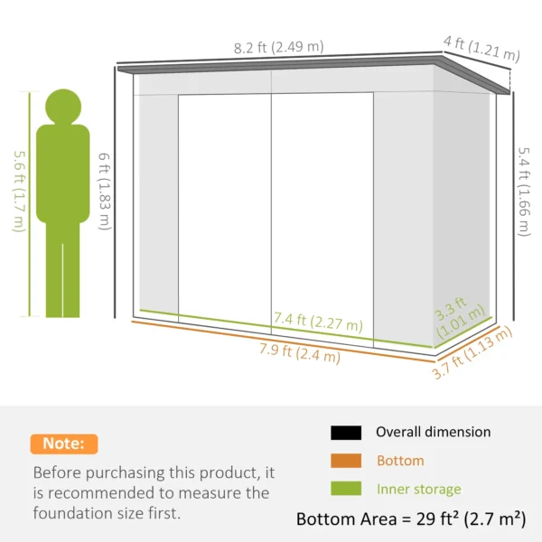 Outsunny 8'x4' Double Hinged Metal Pent Shed - Light Grey - Image 11