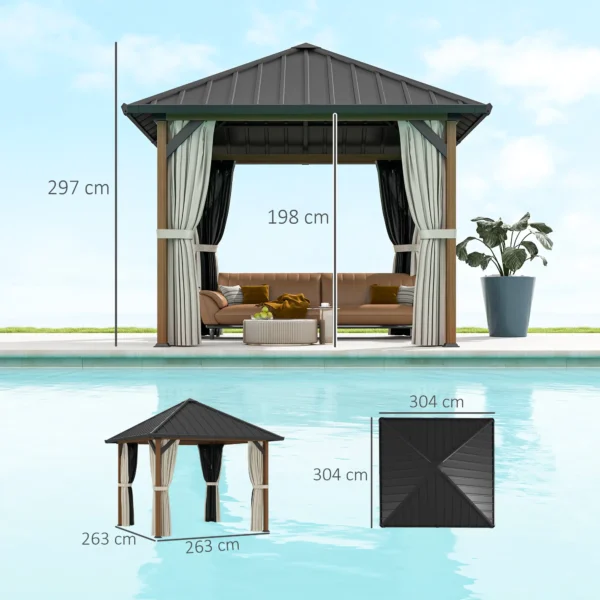 Outsunny 10x10 Hardtop Gazebo with Galvanised Steel Roof and Water Gutter -Walnut Wood Finish - Image 11