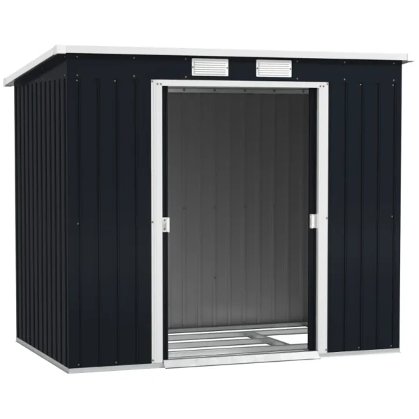 Outsunny 7ft x 4ft Metal Garden Pent Shed with Foundation Grid - Dark Grey - Image 3