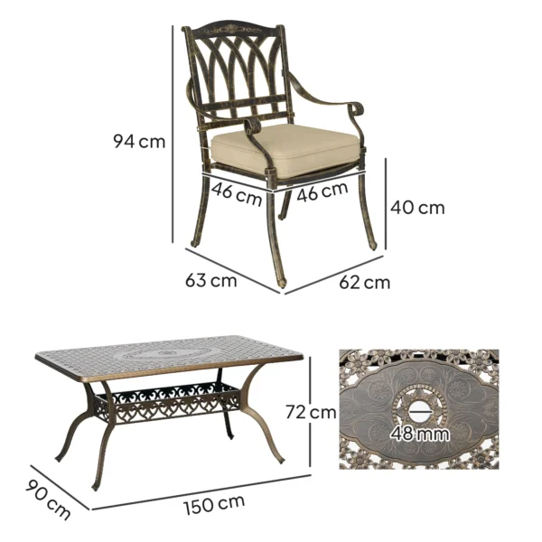 Outsunny 7 Piece  Cast Aluminium Garden Dining Set - Bronze Tone - Image 5