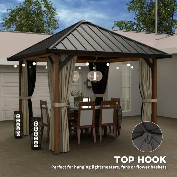 Outsunny 10x10 Hardtop Gazebo with Galvanised Steel Roof and Water Gutter -Walnut Wood Finish - Image 5