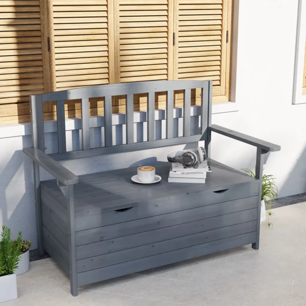 Outsunny Two-Seater Wooden Garden Storage Bench - Grey - Image 7