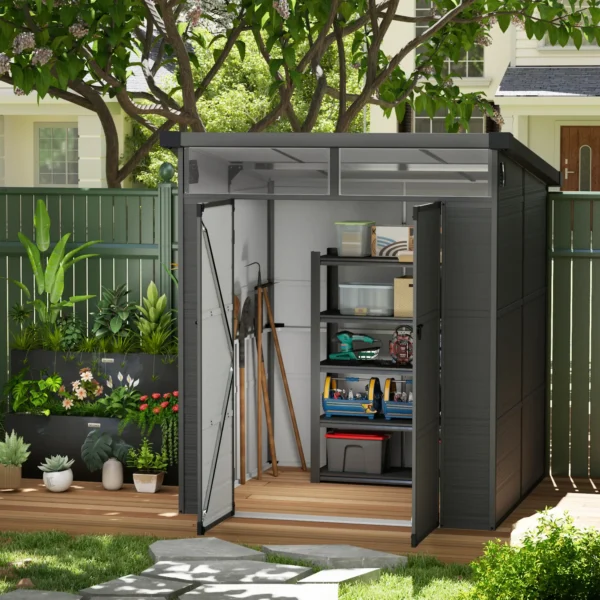 Outsunny 6x6 Plastic Pent Shed with Skylight - Dark Grey - Image 2