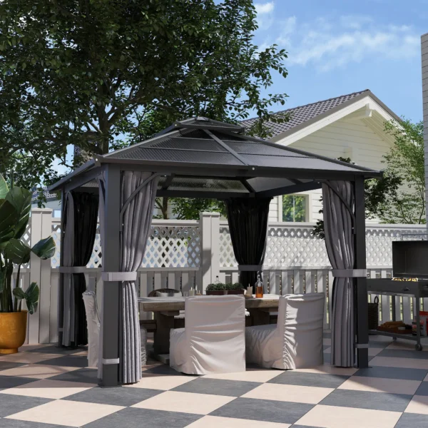 OutSunny 10'x10′ Hardtop Metal Gazebo Canopy with Double Polycarbonate Roof - Dark Grey