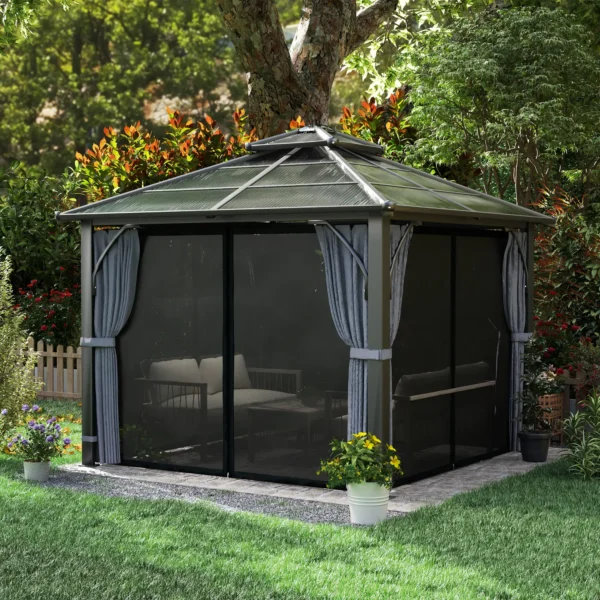 OutSunny 10'x10′ Hardtop Metal Gazebo Canopy with Double Polycarbonate Roof - Dark Grey - Image 3