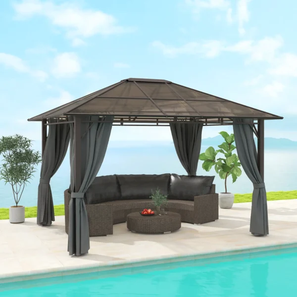 OutSunny 12'x10′ Hardtop Metal Gazebo with Polycarbonate Roof - Dark Grey (Brown) - Image 2