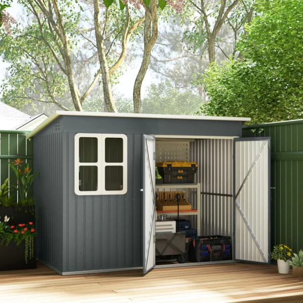 Outsunny 8.5ft x 6ft Metal Pent Garden Shed with Foundation Grid - Dark Grey - Image 2