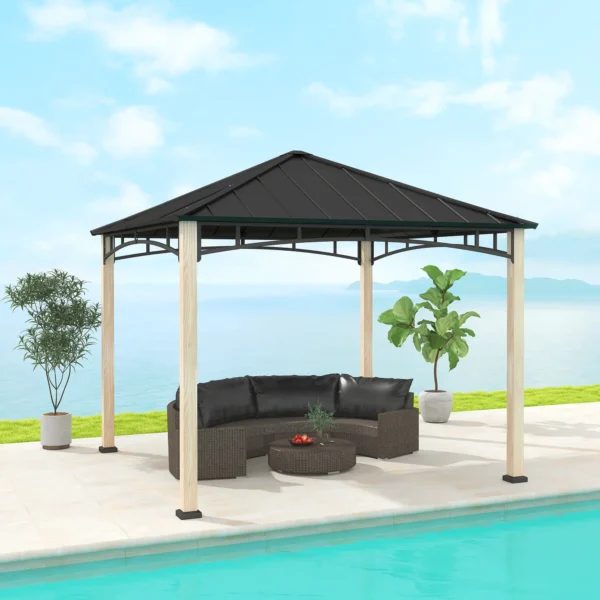 Outsunny 10x10 Hardtop Gazebo with Galvanised Metal Roof - Wood Grain Black - Image 3