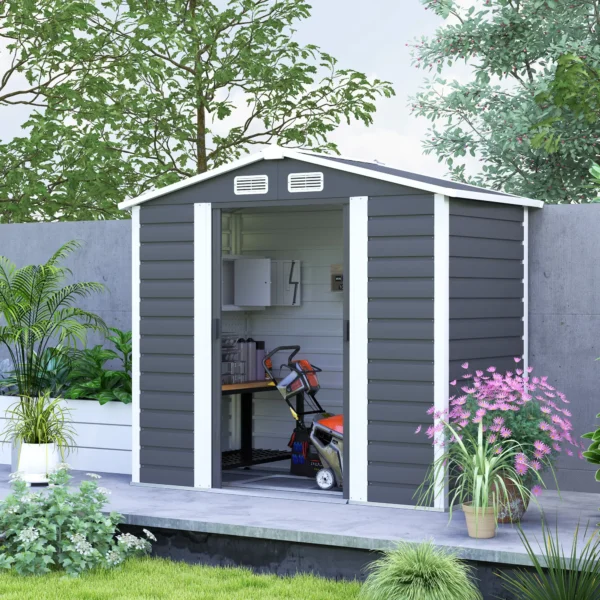 Outsunny 7ft x 4ft Metal Garden Shed with Foundation Grid - Dark Grey