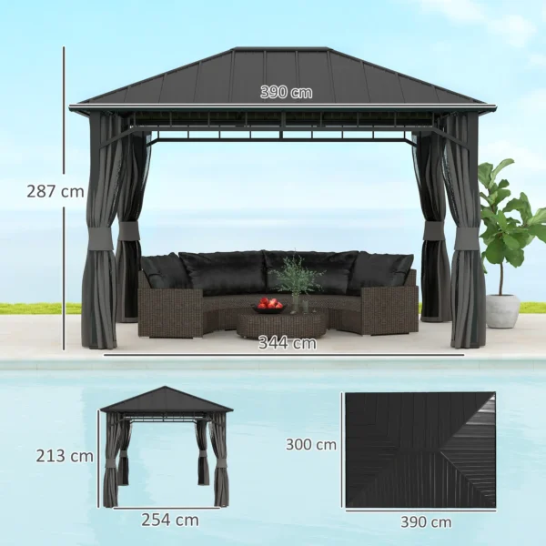 Outsunny 10x13 Hardtop Gazebo with Galvanised Steel Roof and Water Gutter - Dark Grey - Image 3