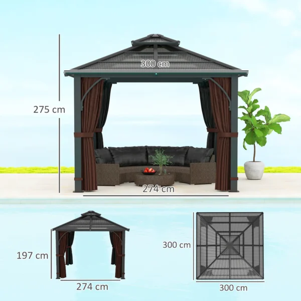 OutSunny 10'x10′ Hardtop Metal Gazebo Canopy with Double Polycarbonate Roof - Brown - Image 5